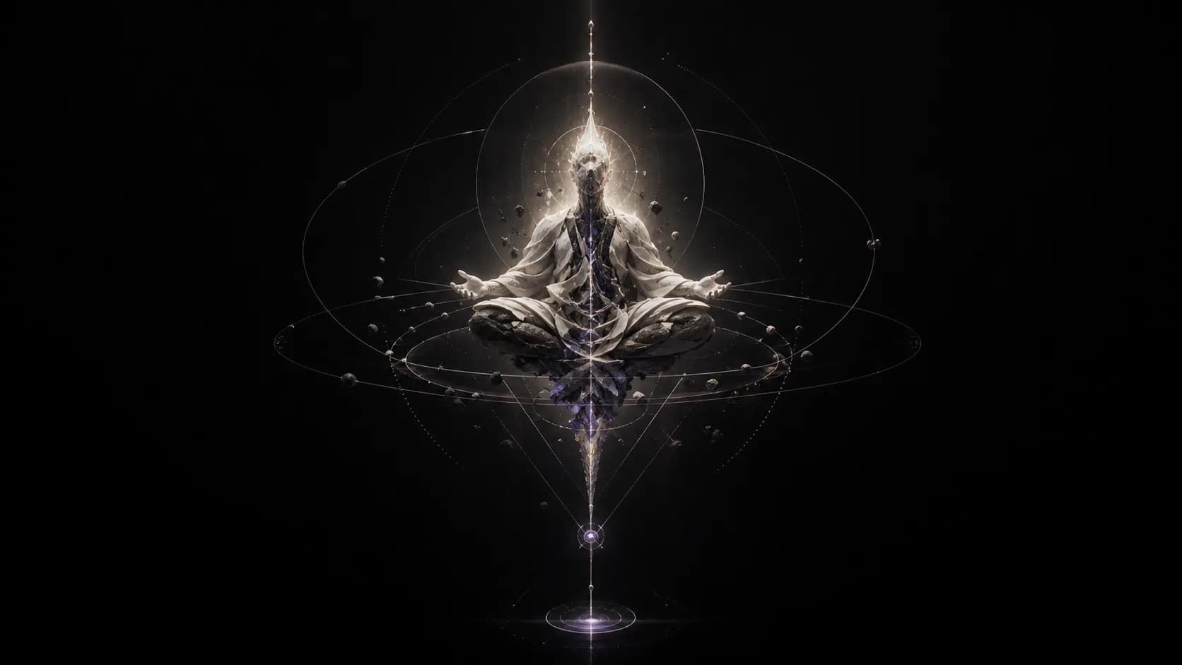 An abstract consciousness suspended alone in a dark primordial void.