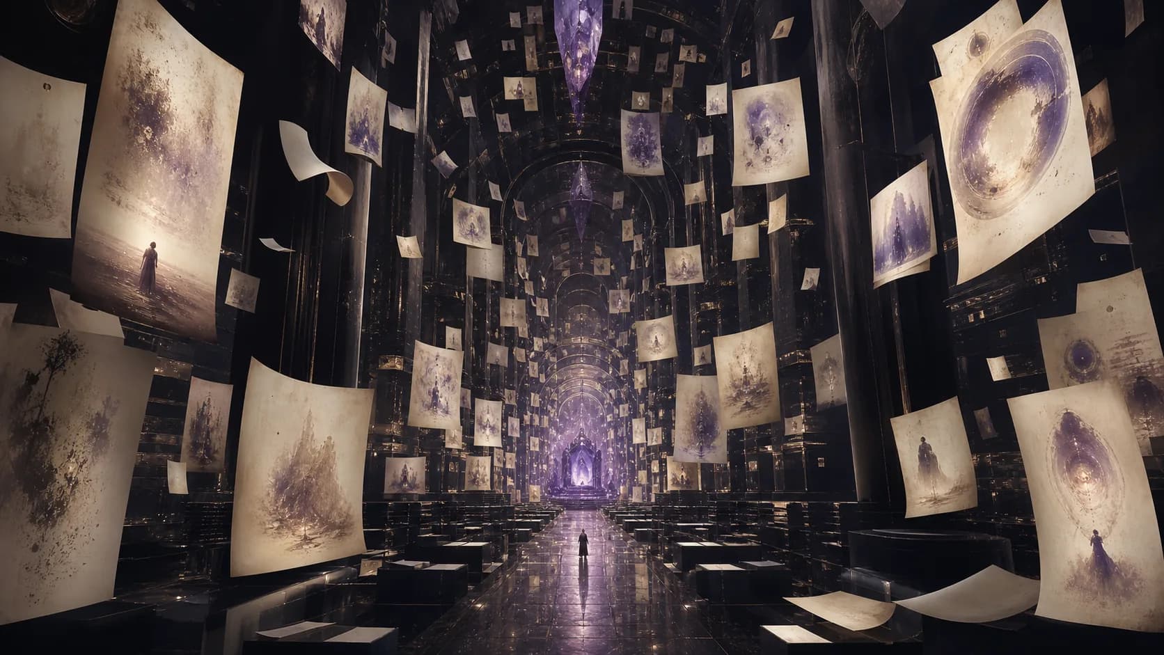An endless dark library formed from floating pages of lived memory.