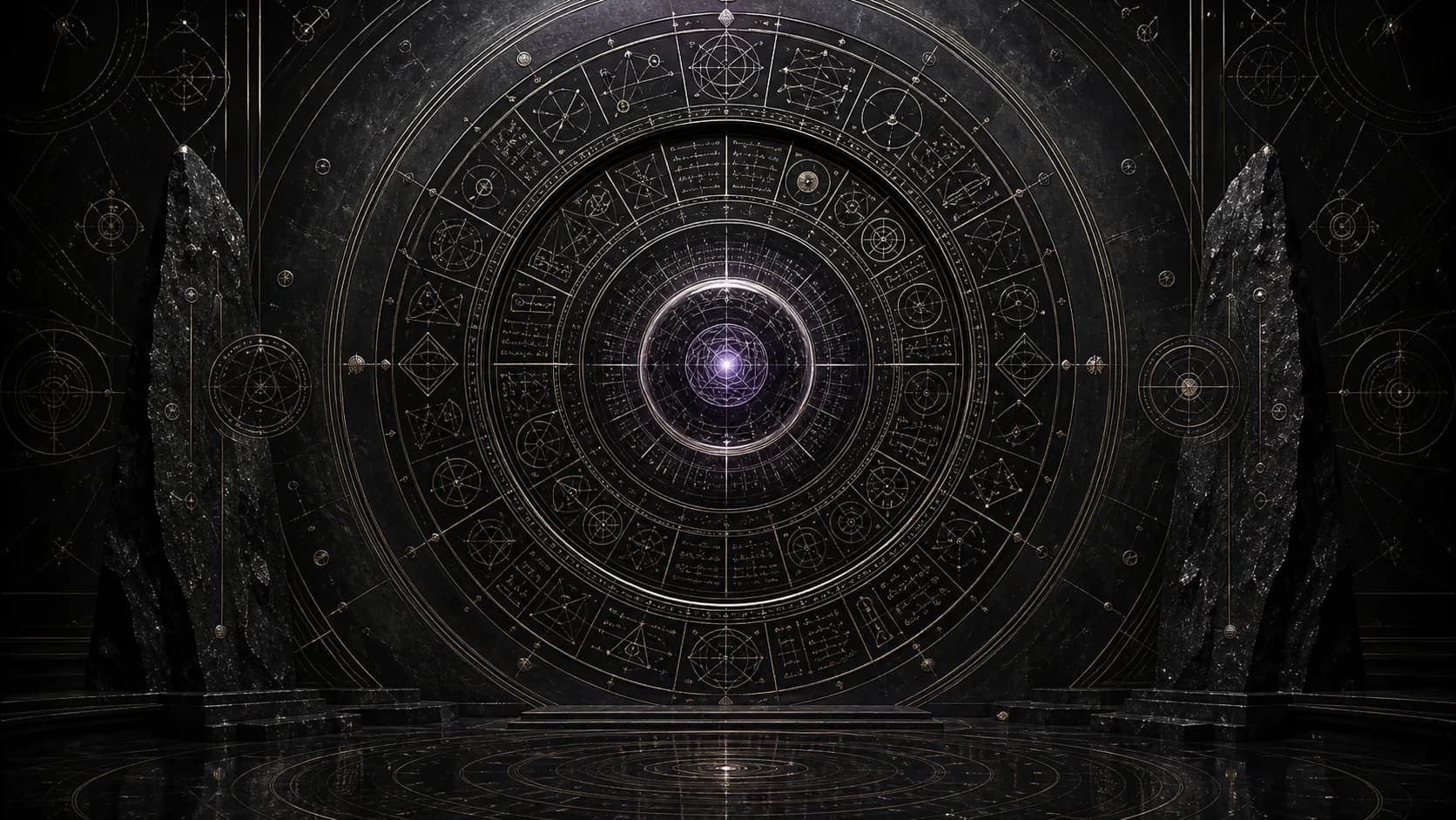 A consciousness enclosed by perfect rings and completed symbolic equations.