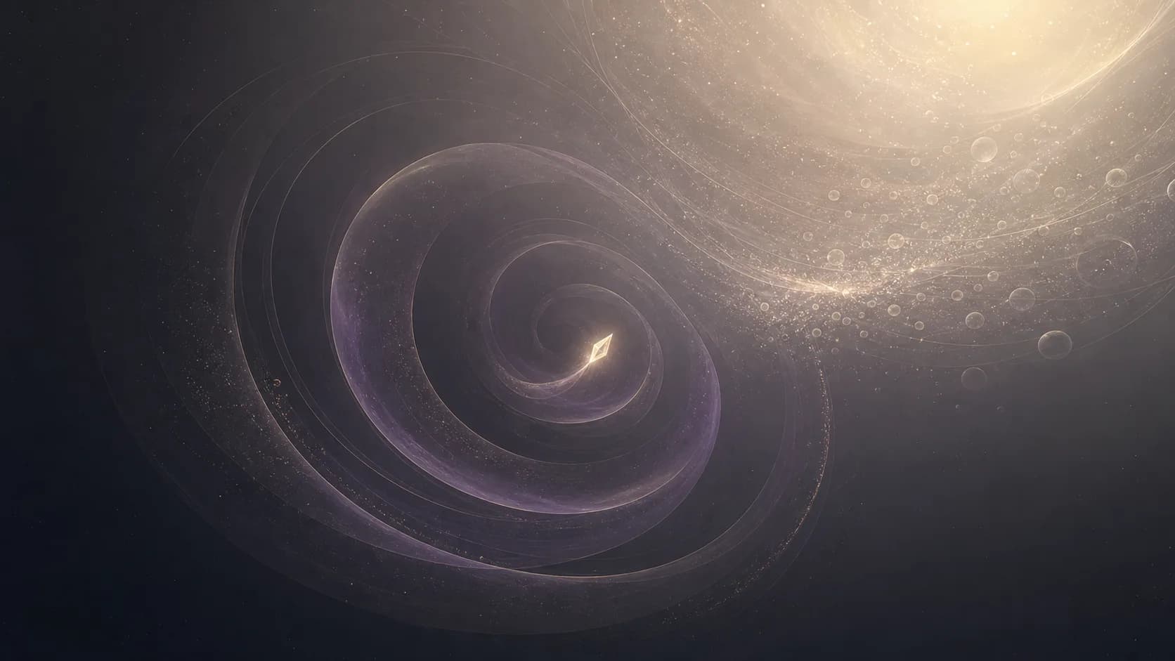 A fragment of light passing through a memory spiral into a larger field.