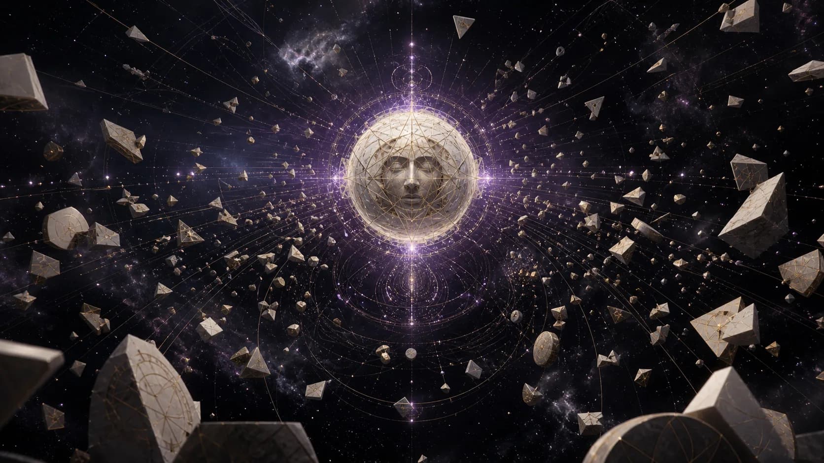 Countless fragments converging peacefully into one reconstructed consciousness.